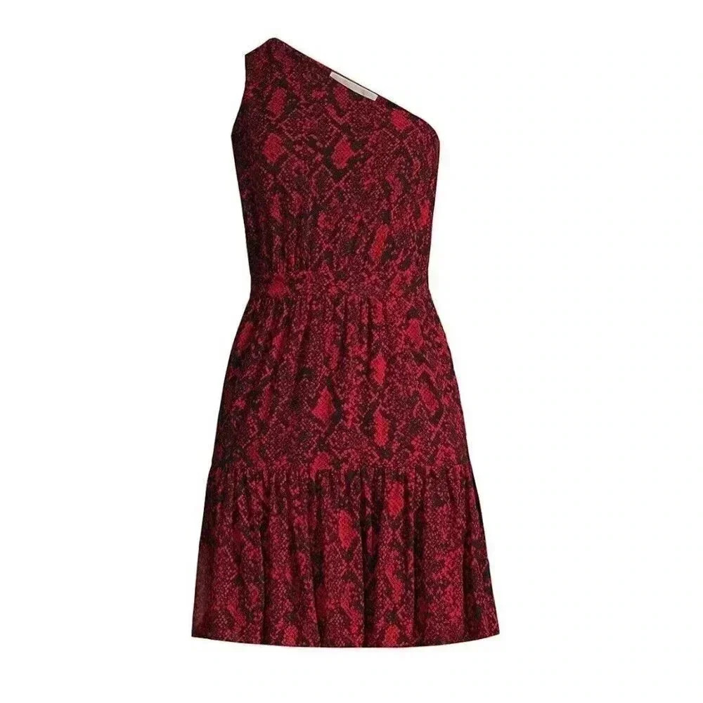 Michael Kors Snake Print Georgette One-Shoulder Dress Red Size 2